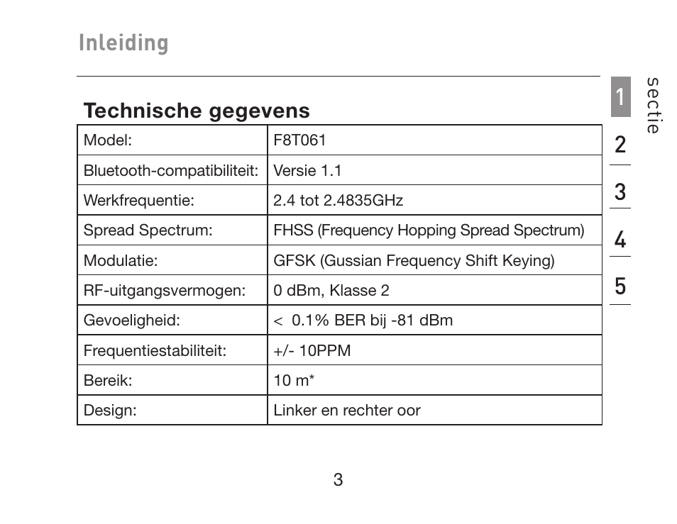 Inleiding, Se cti e, Technische gegevens | HP iPAQ Bluetooth Hands-Free Headset F8T061eaHP User Manual | Page 109 / 208