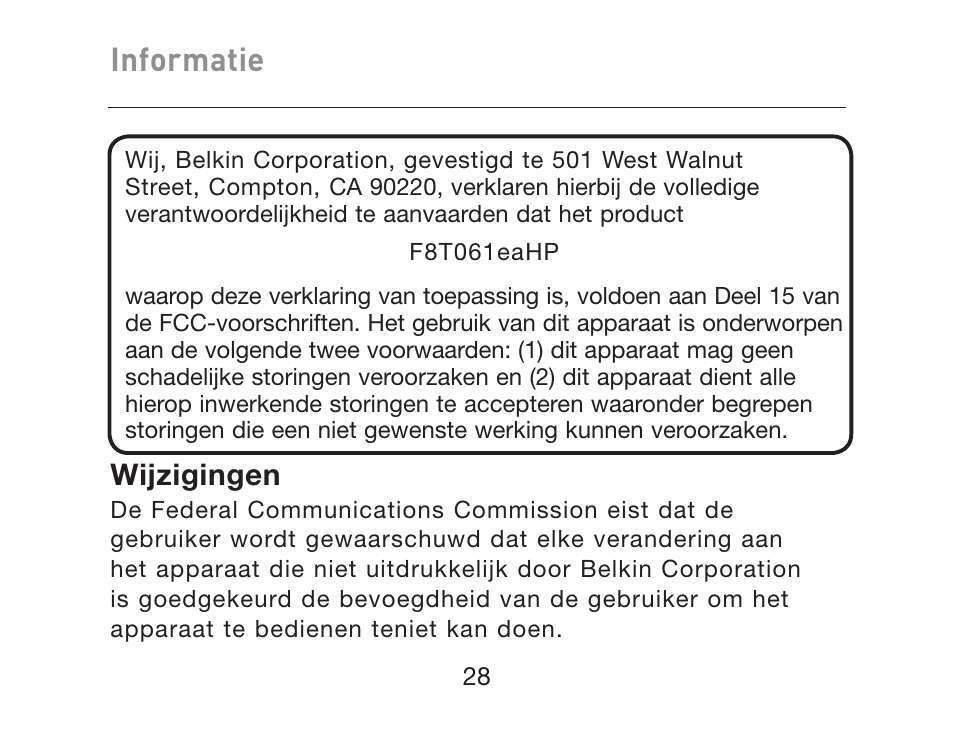 Informatie, Wijzigingen | HP iPAQ Bluetooth Hands-Free Headset F8T061eaHP User Manual | Page 134 / 208