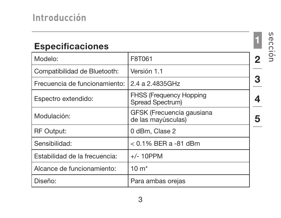 Introducción, Se cc ió n, Especificaciones | HP iPAQ Bluetooth Hands-Free Headset F8T061eaHP User Manual | Page 143 / 208