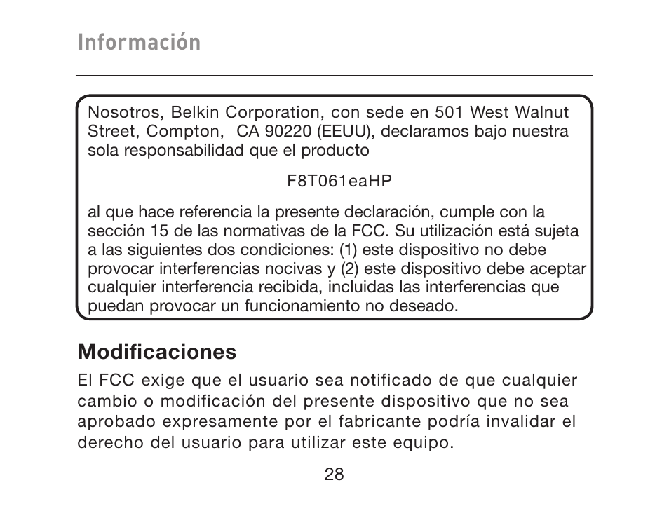 Información, Modificaciones | HP iPAQ Bluetooth Hands-Free Headset F8T061eaHP User Manual | Page 168 / 208