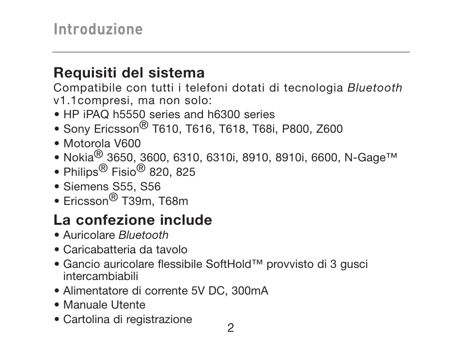 Introduzione, Requisiti del sistema, La confezione include | HP iPAQ Bluetooth Hands-Free Headset F8T061eaHP User Manual | Page 176 / 208