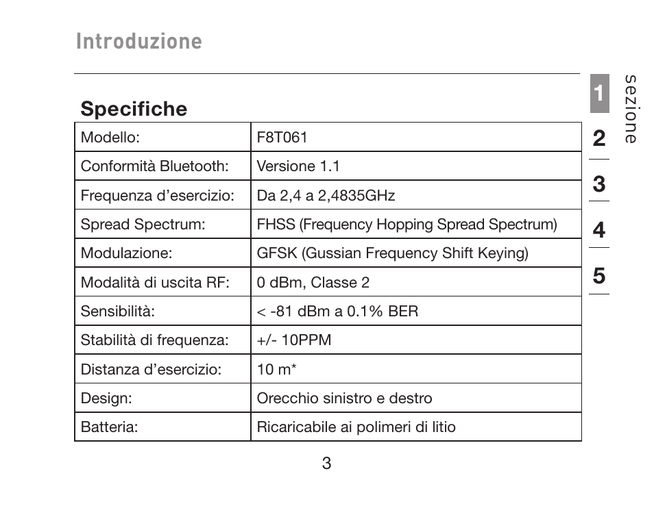 Introduzione, Se zio ne, Specifiche | HP iPAQ Bluetooth Hands-Free Headset F8T061eaHP User Manual | Page 177 / 208