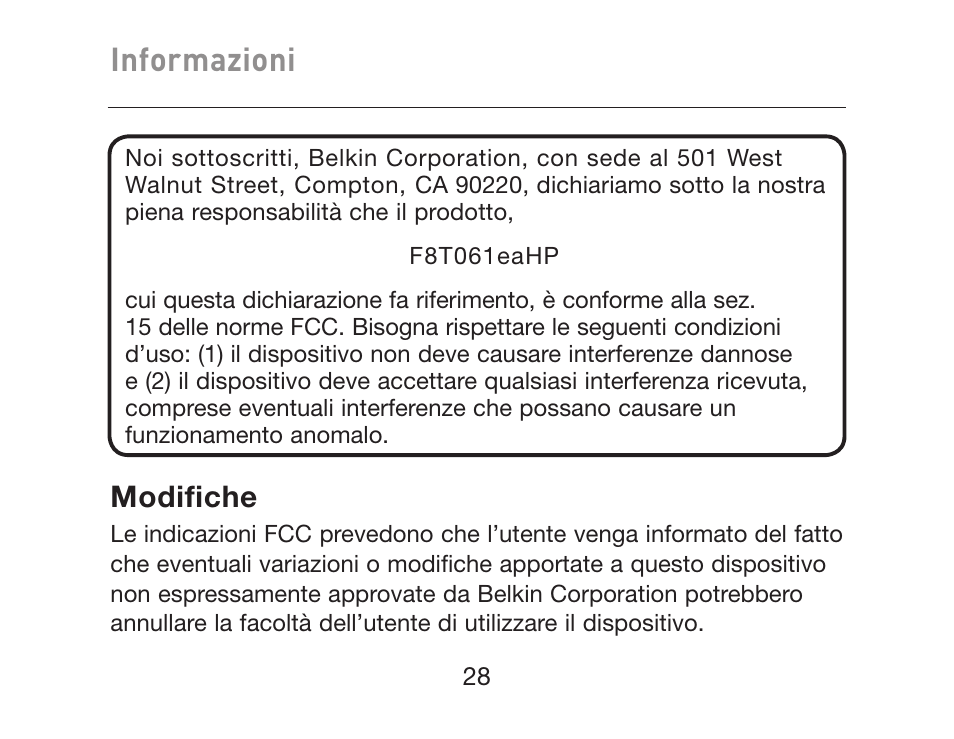 Informazioni, Modifiche | HP iPAQ Bluetooth Hands-Free Headset F8T061eaHP User Manual | Page 202 / 208