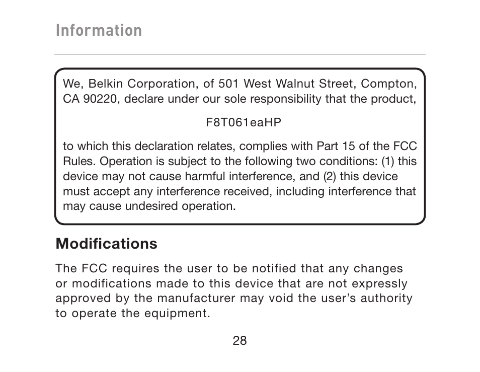 Information, Modifications | HP iPAQ Bluetooth Hands-Free Headset F8T061eaHP User Manual | Page 32 / 208