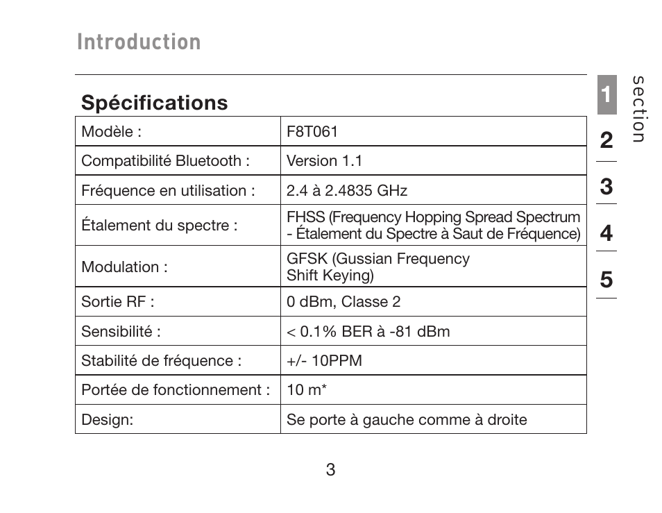 Introduction, Se cti on, Spécifications | HP iPAQ Bluetooth Hands-Free Headset F8T061eaHP User Manual | Page 41 / 208