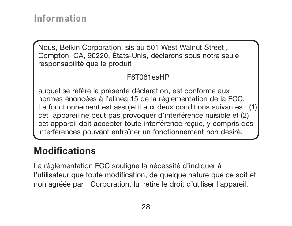 Information, Modifications | HP iPAQ Bluetooth Hands-Free Headset F8T061eaHP User Manual | Page 66 / 208