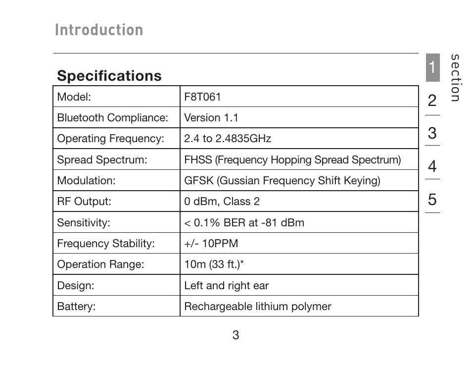 Introduction, Se cti on, Specifications | HP iPAQ Bluetooth Hands-Free Headset F8T061eaHP User Manual | Page 7 / 208