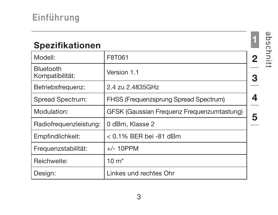 Einführung, Ab sc hn itt, Spezifikationen | HP iPAQ Bluetooth Hands-Free Headset F8T061eaHP User Manual | Page 75 / 208