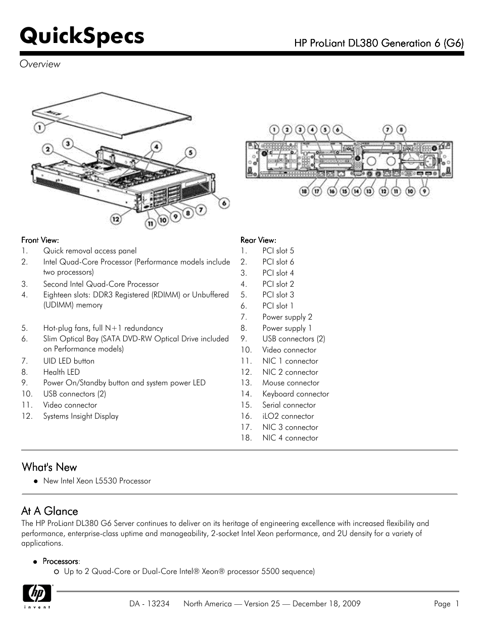 HP QUICKSPECS DL380 User Manual | 56 pages