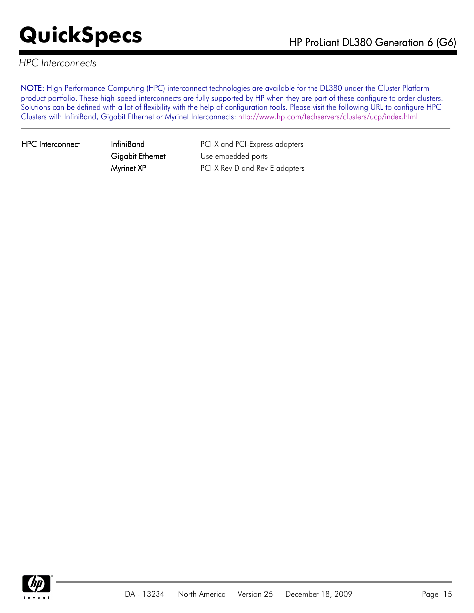 Hpc interconnects, Quickspecs | HP QUICKSPECS DL380 User Manual | Page 15 / 56