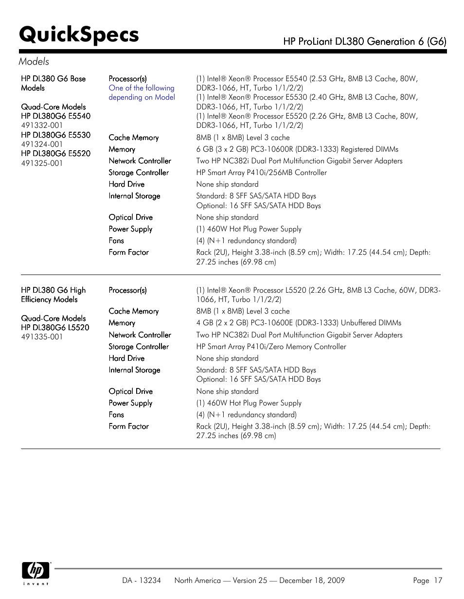 Quickspecs | HP QUICKSPECS DL380 User Manual | Page 17 / 56