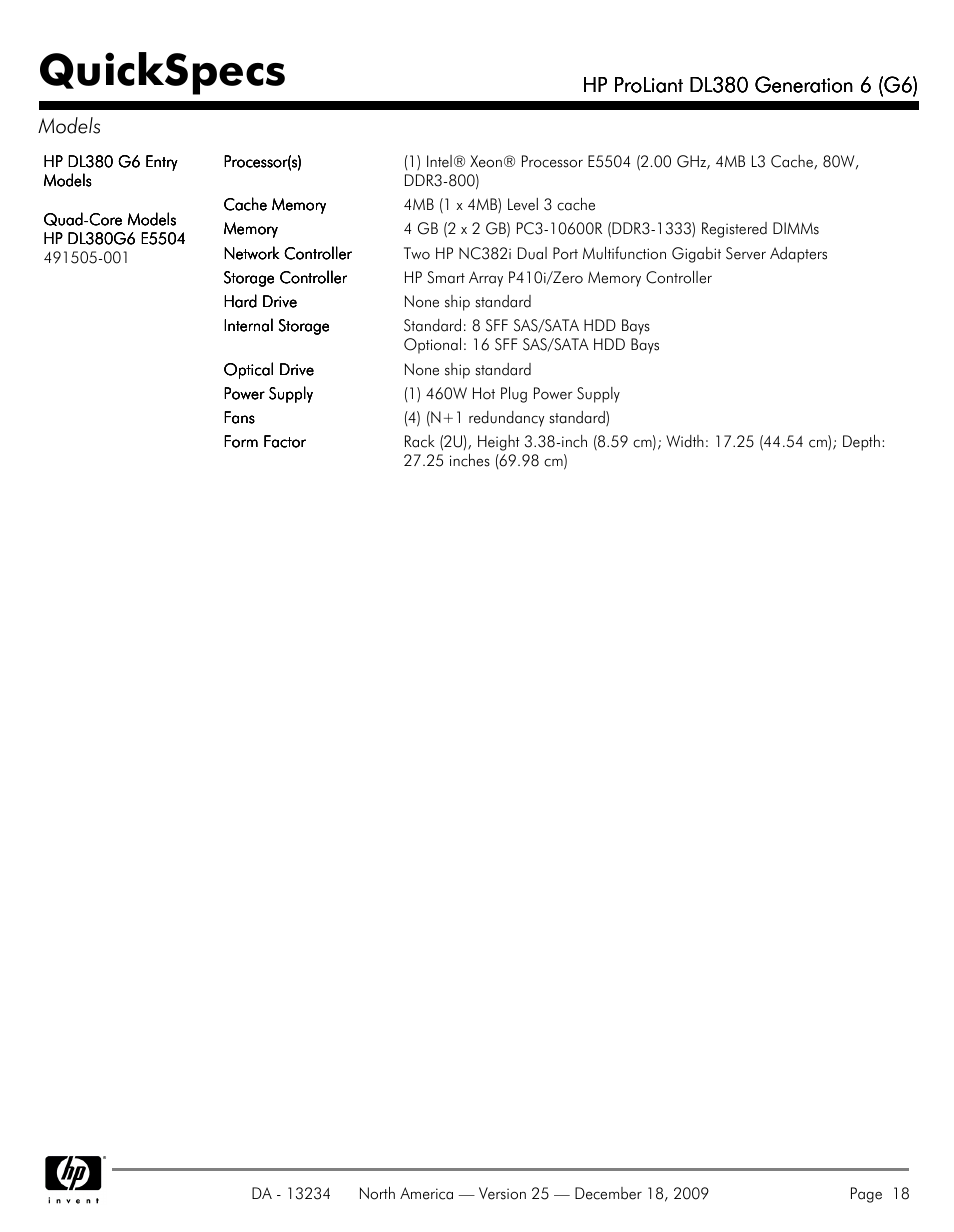 Quickspecs | HP QUICKSPECS DL380 User Manual | Page 18 / 56