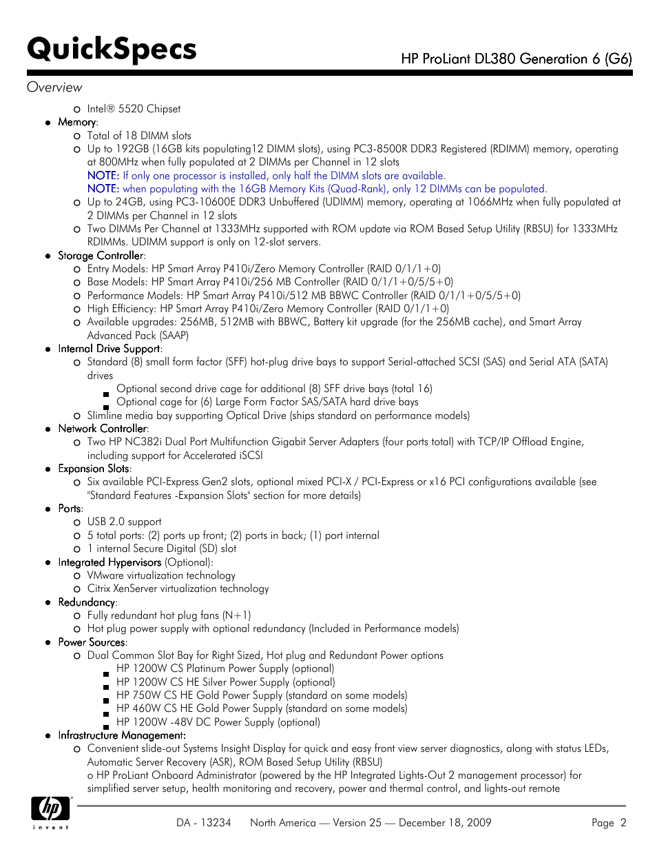 Quickspecs | HP QUICKSPECS DL380 User Manual | Page 2 / 56