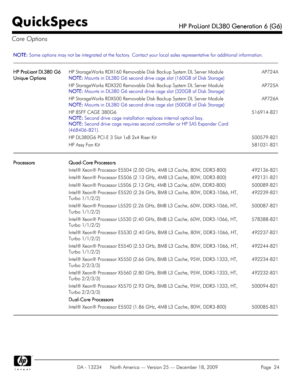 Core options, Quickspecs | HP QUICKSPECS DL380 User Manual | Page 24 / 56