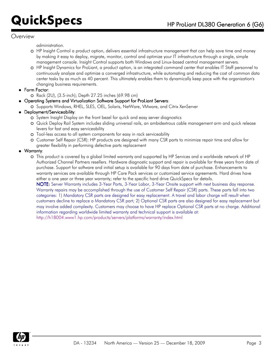 Quickspecs | HP QUICKSPECS DL380 User Manual | Page 3 / 56