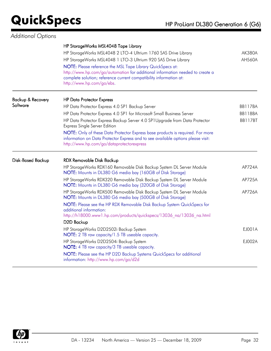 Quickspecs | HP QUICKSPECS DL380 User Manual | Page 32 / 56