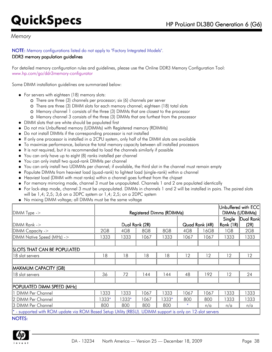 Memory, Quickspecs | HP QUICKSPECS DL380 User Manual | Page 38 / 56