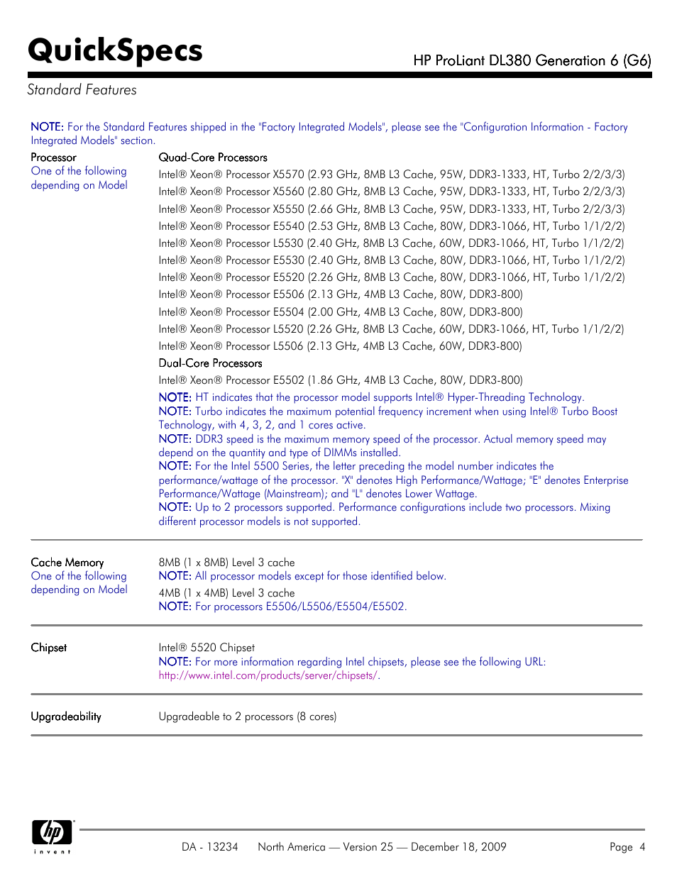 Standard features, Quickspecs | HP QUICKSPECS DL380 User Manual | Page 4 / 56