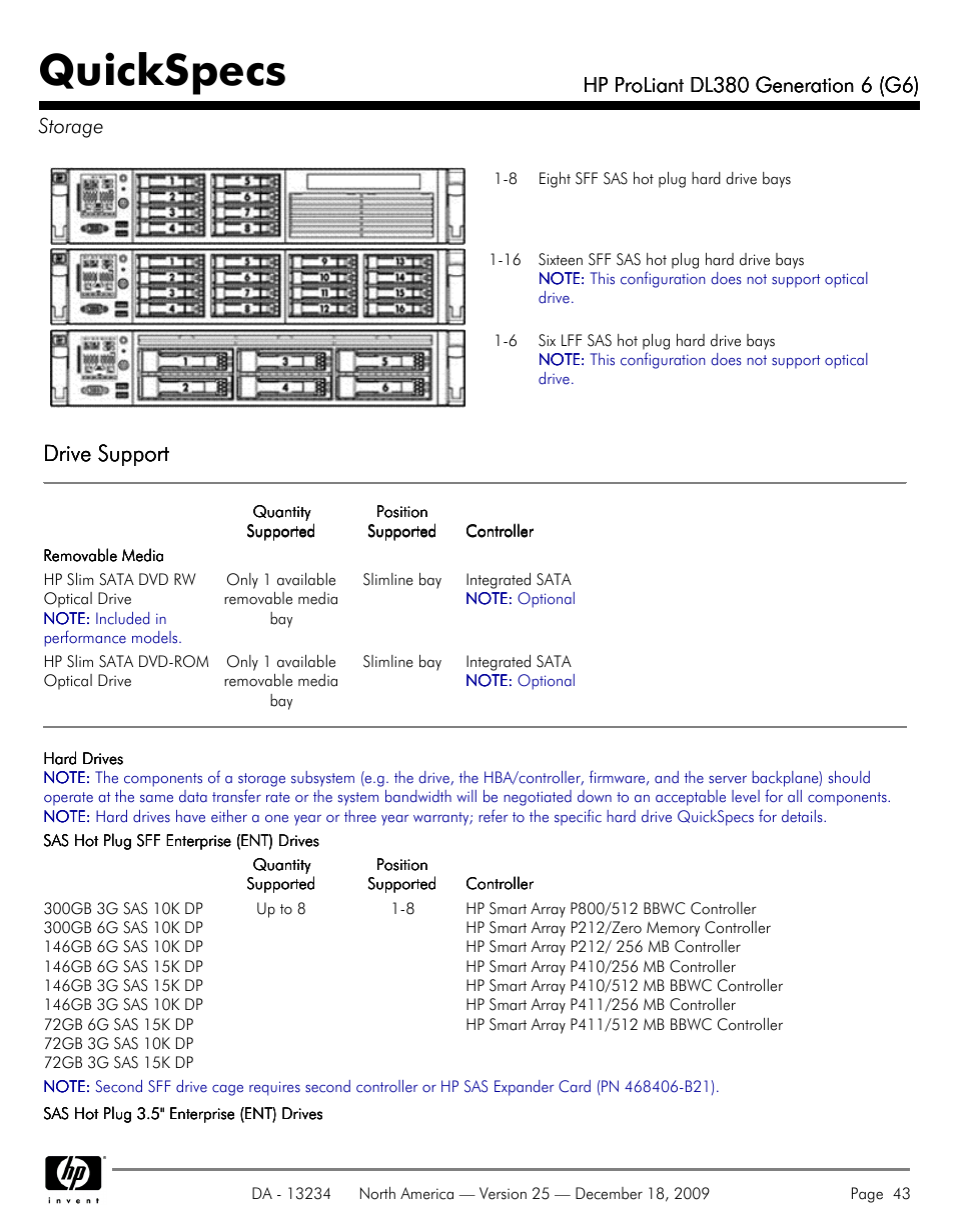 Storage, Quickspecs, Drive support | HP QUICKSPECS DL380 User Manual | Page 43 / 56