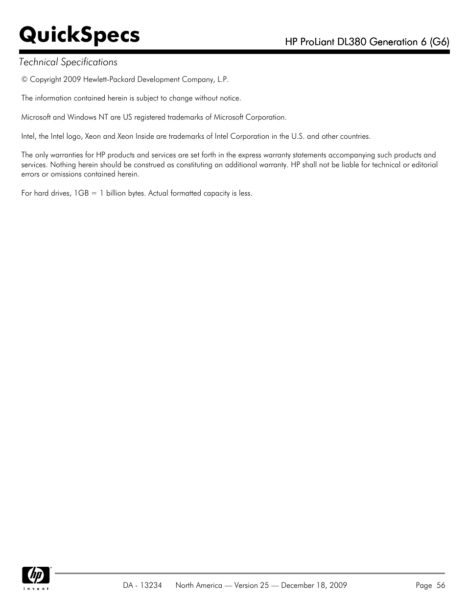 Quickspecs | HP QUICKSPECS DL380 User Manual | Page 56 / 56