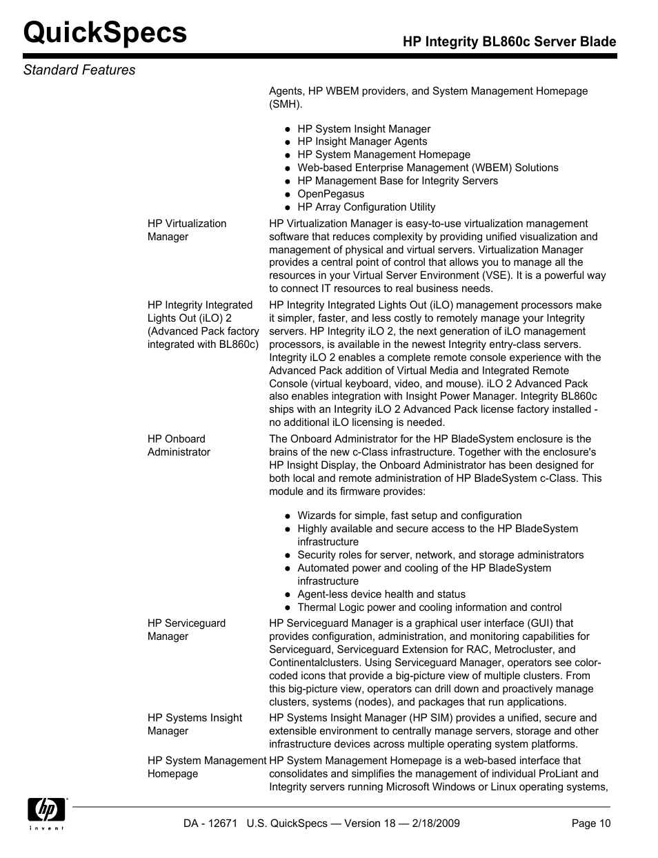 Quickspecs | HP Integrity server blade BL860c User Manual | Page 10 / 31