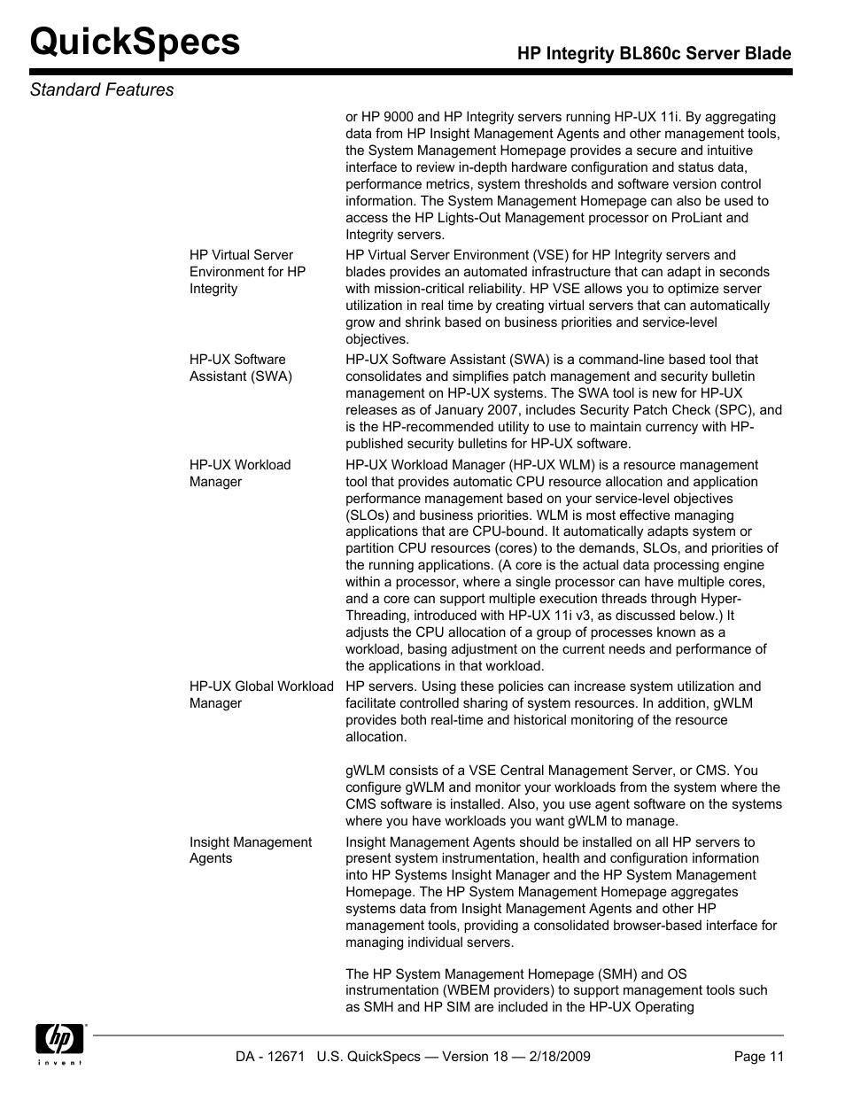 Quickspecs | HP Integrity server blade BL860c User Manual | Page 11 / 31