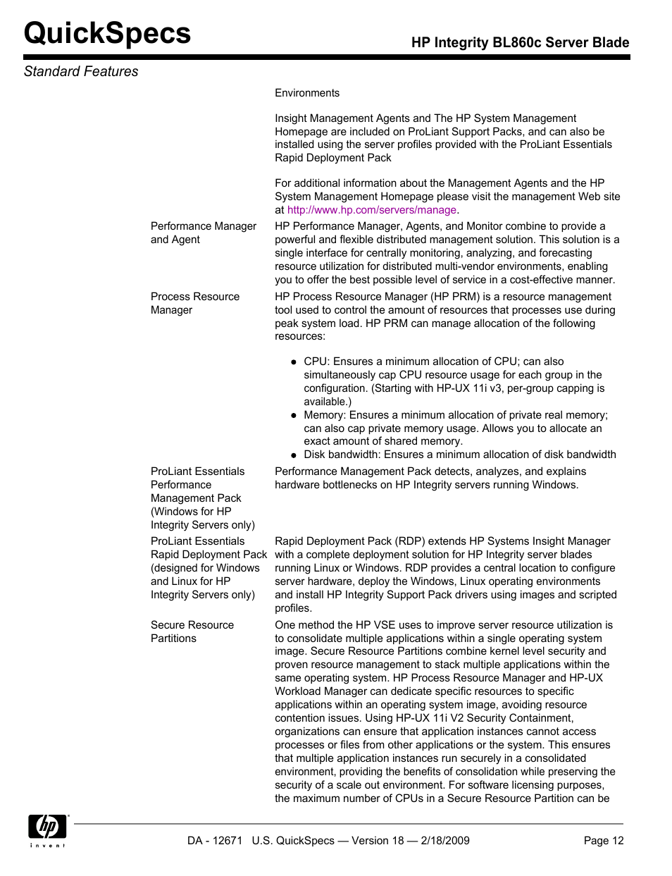 Quickspecs | HP Integrity server blade BL860c User Manual | Page 12 / 31