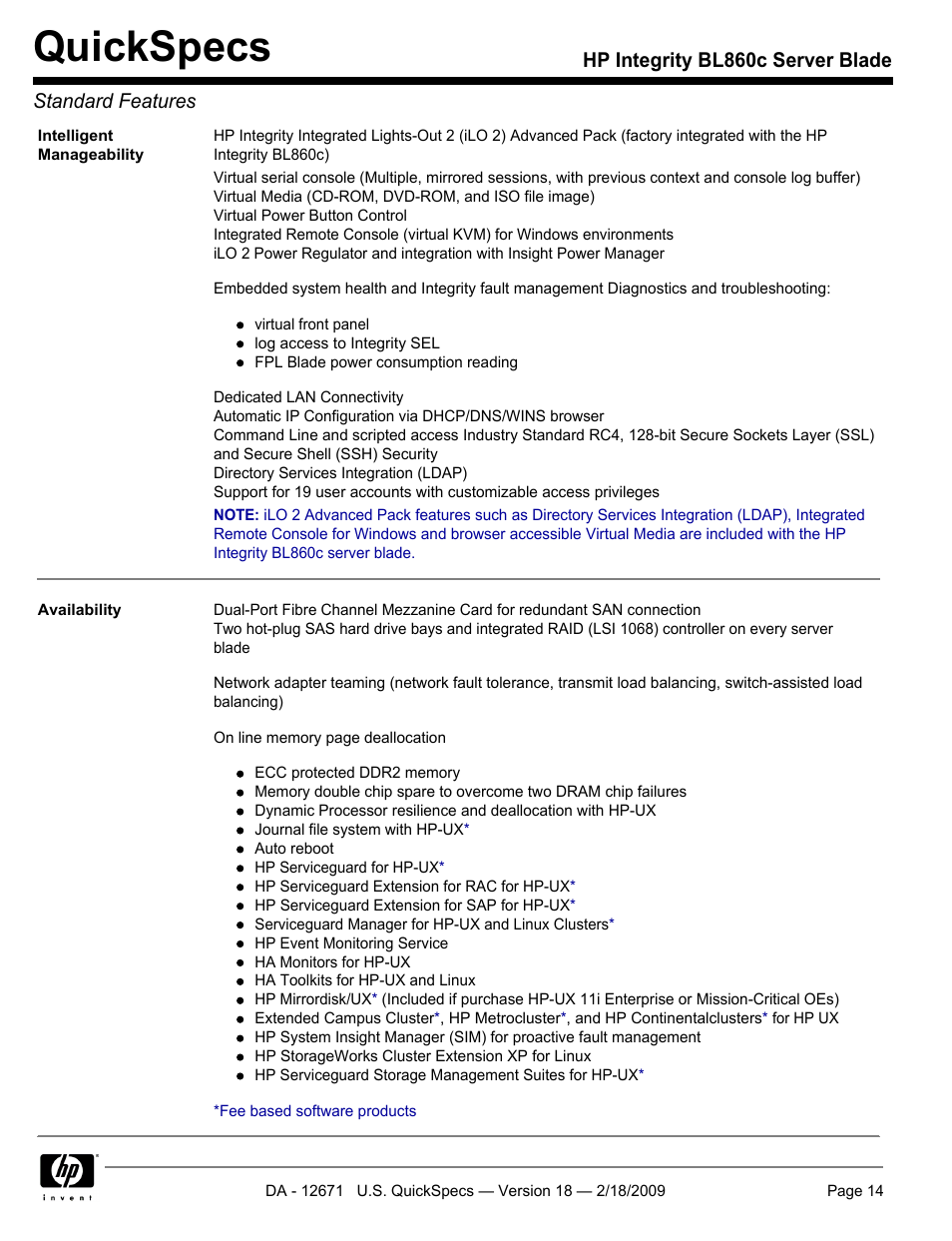 Quickspecs, Hp integrity bl860c server blade standard features | HP Integrity server blade BL860c User Manual | Page 14 / 31