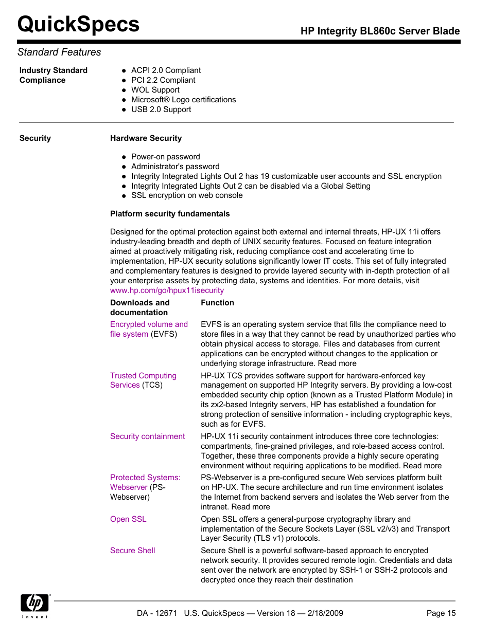 Quickspecs, Hp integrity bl860c server blade standard features | HP Integrity server blade BL860c User Manual | Page 15 / 31