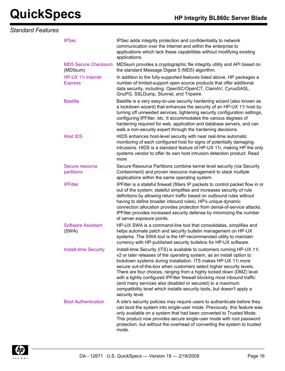Quickspecs, Hp integrity bl860c server blade standard features | HP Integrity server blade BL860c User Manual | Page 16 / 31