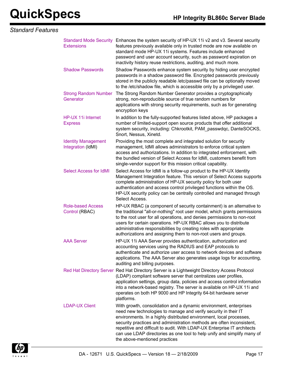 Quickspecs, Hp integrity bl860c server blade standard features | HP Integrity server blade BL860c User Manual | Page 17 / 31