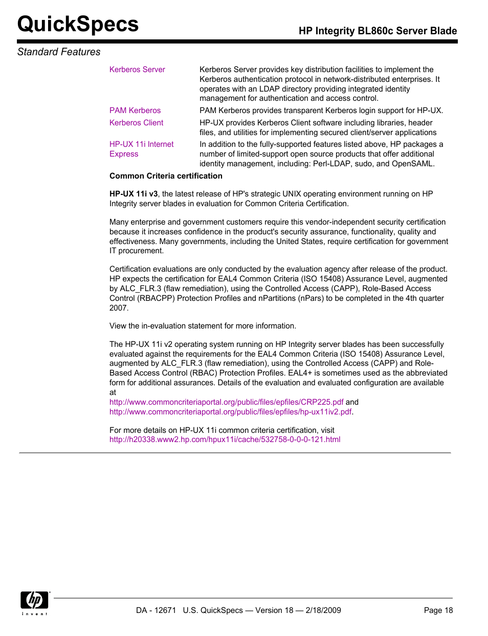 Quickspecs, Hp integrity bl860c server blade standard features | HP Integrity server blade BL860c User Manual | Page 18 / 31
