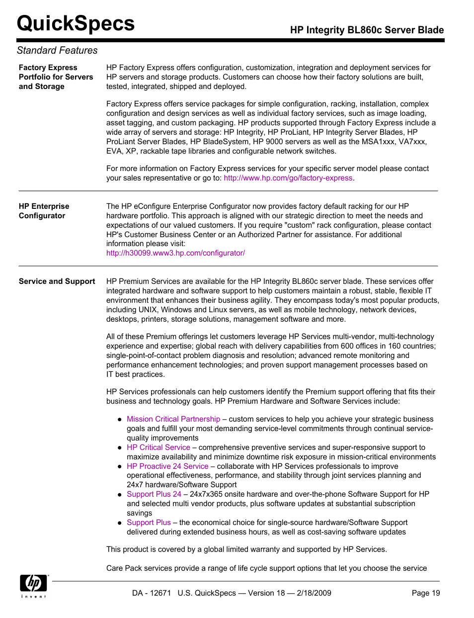 Quickspecs, Hp integrity bl860c server blade standard features | HP Integrity server blade BL860c User Manual | Page 19 / 31