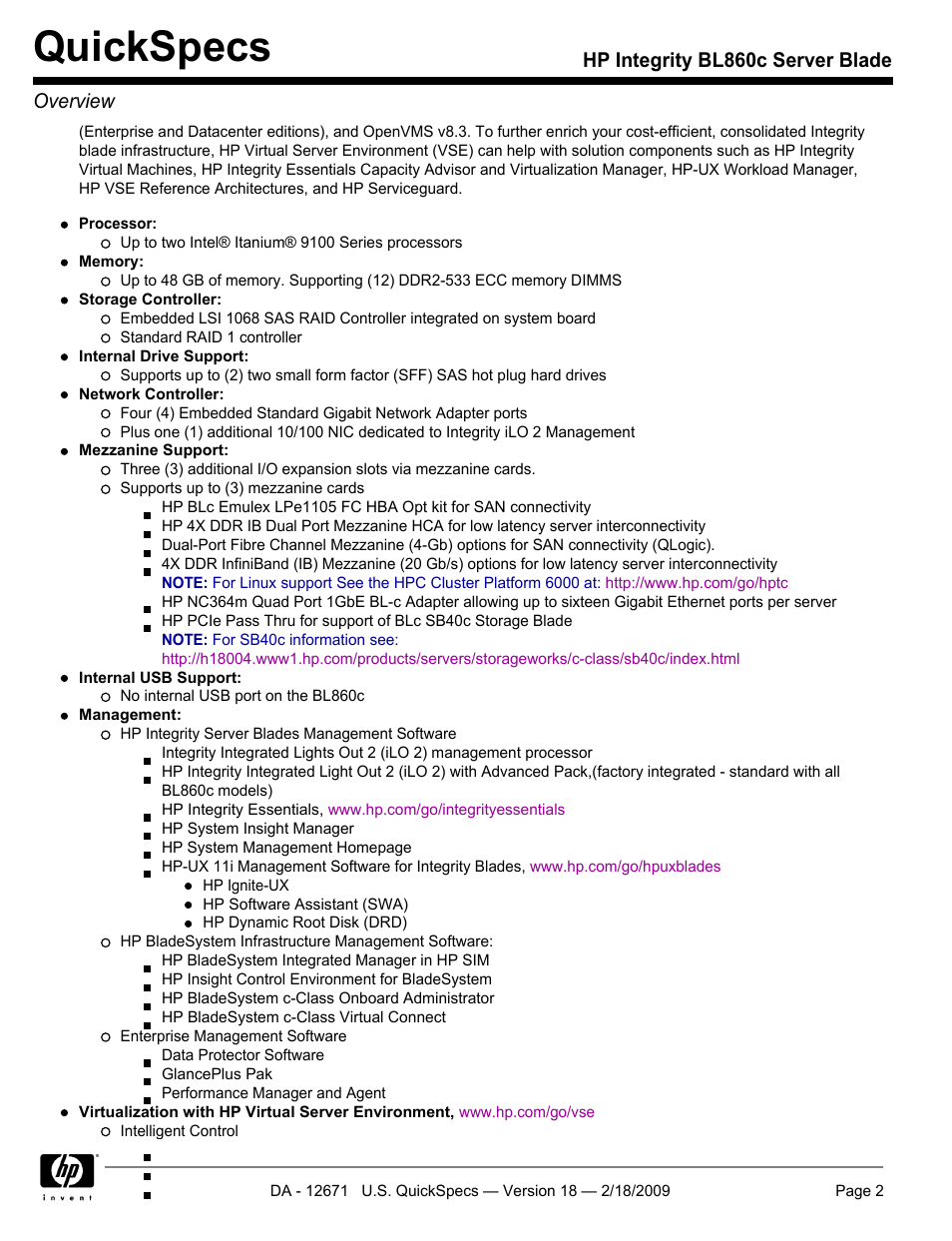Quickspecs, Hp integrity bl860c server blade overview | HP Integrity server blade BL860c User Manual | Page 2 / 31