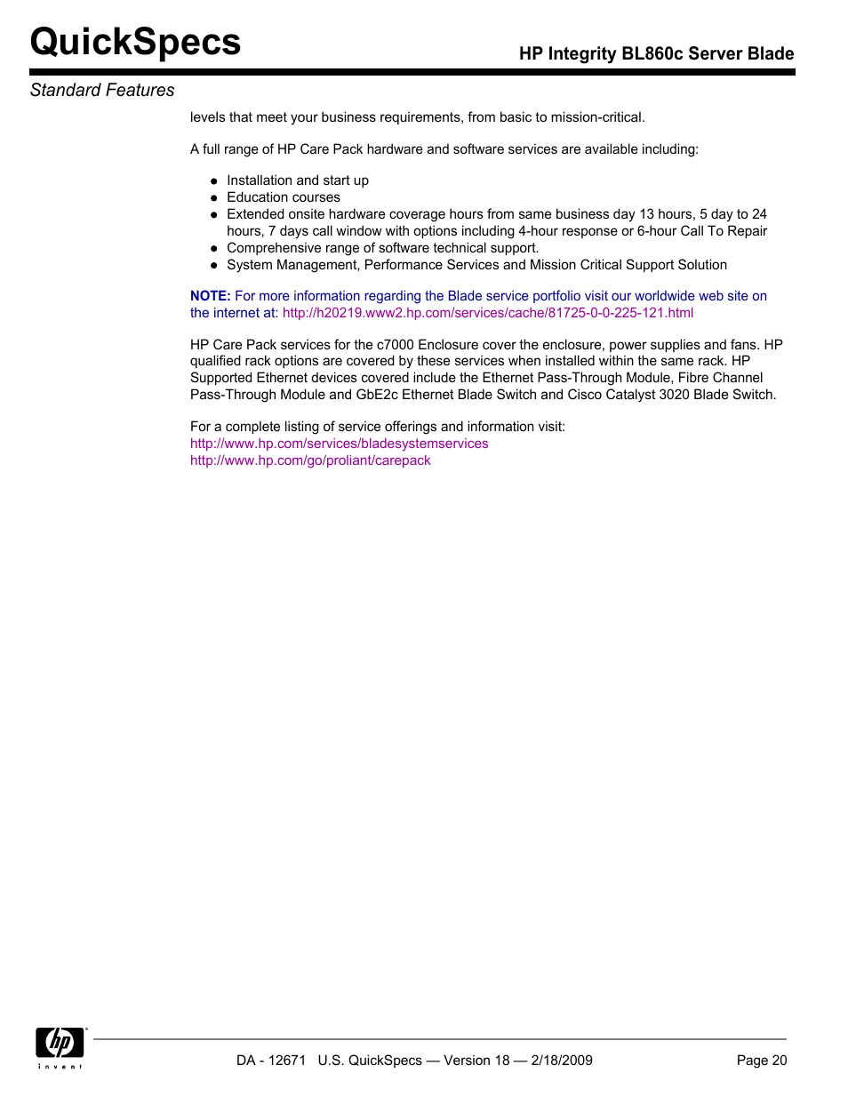 Quickspecs | HP Integrity server blade BL860c User Manual | Page 20 / 31