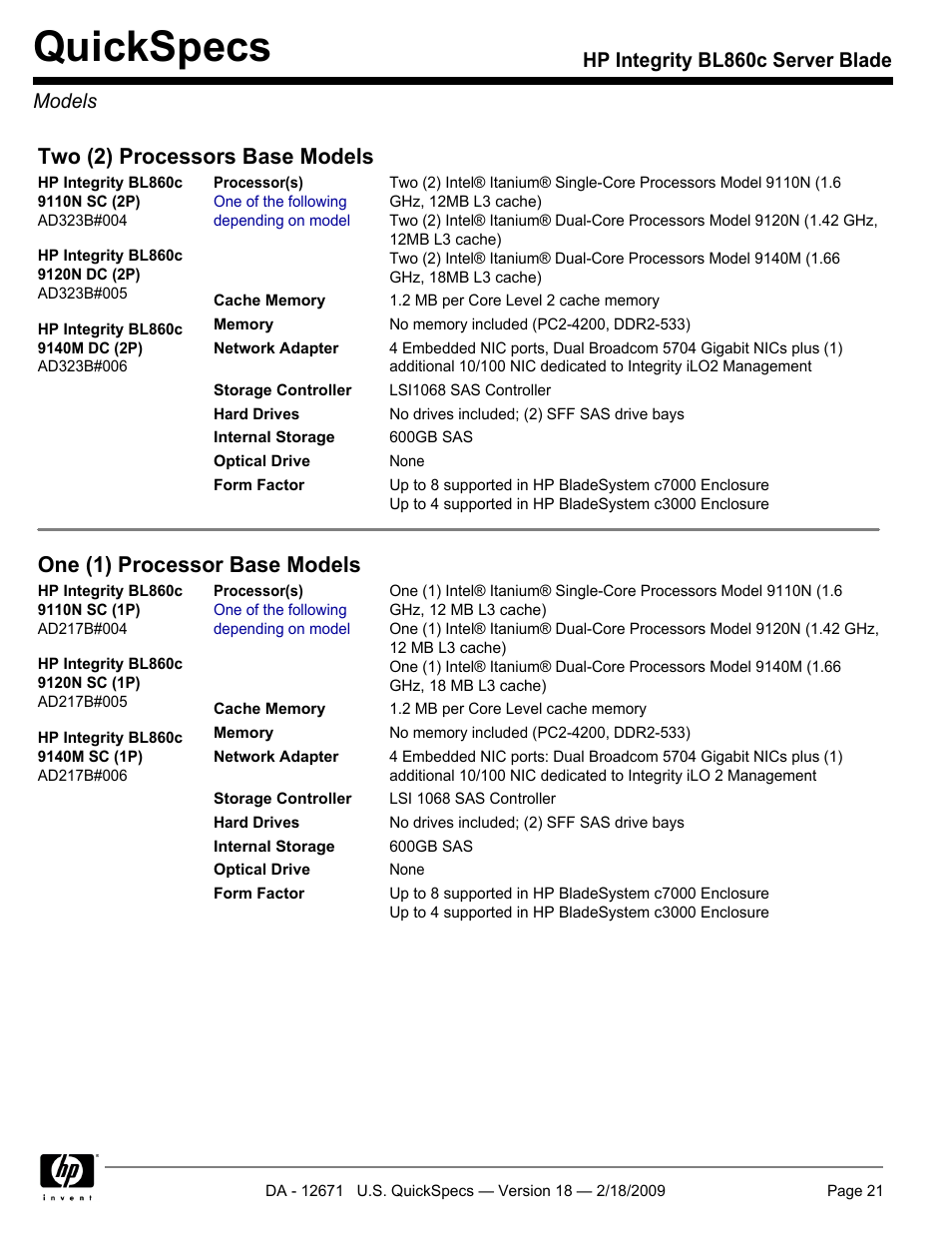 Models, Quickspecs, Two (2) processors base models | One (1) processor base models, Hp integrity bl860c server blade models | HP Integrity server blade BL860c User Manual | Page 21 / 31