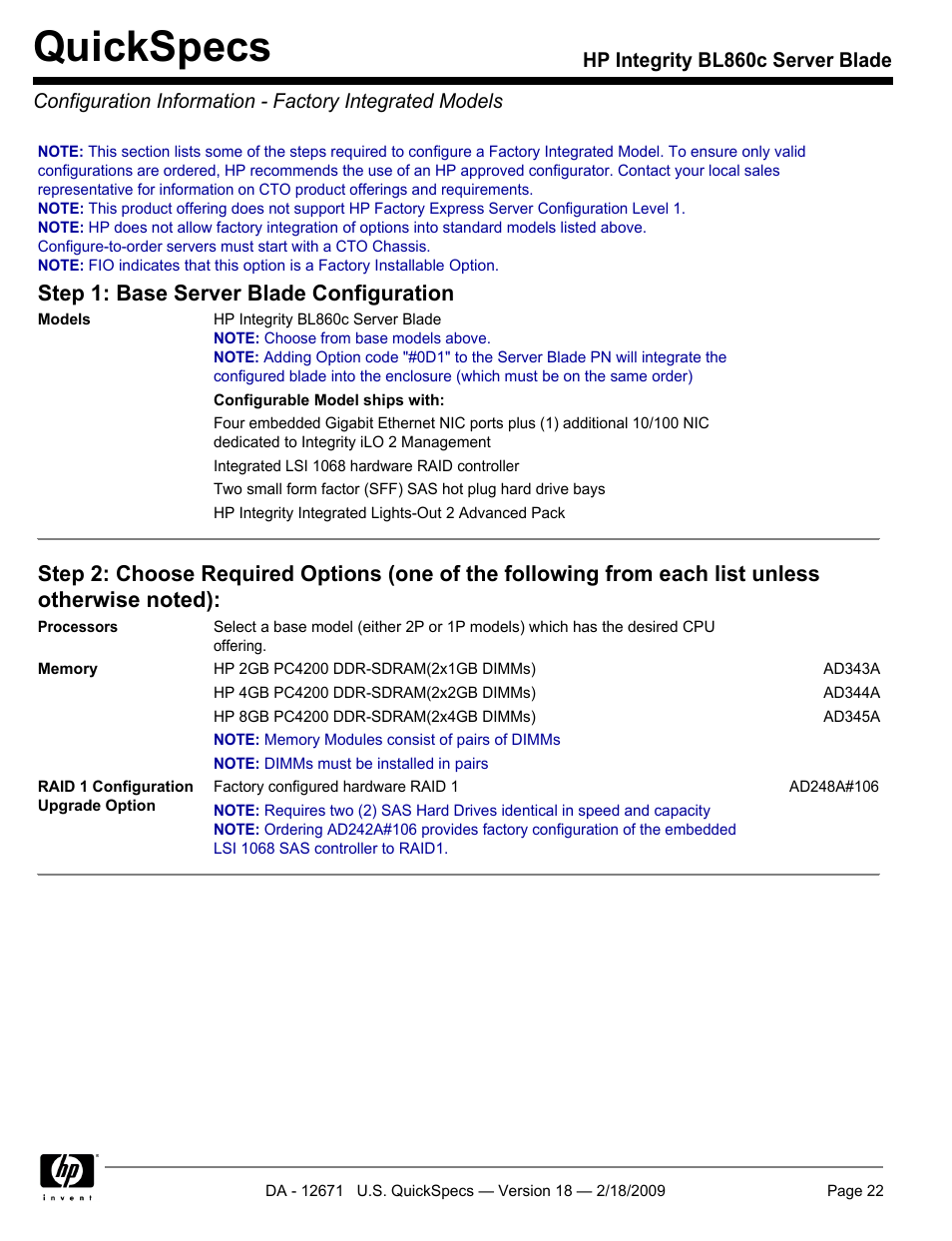Quickspecs, Step 1: base server blade configuration | HP Integrity server blade BL860c User Manual | Page 22 / 31