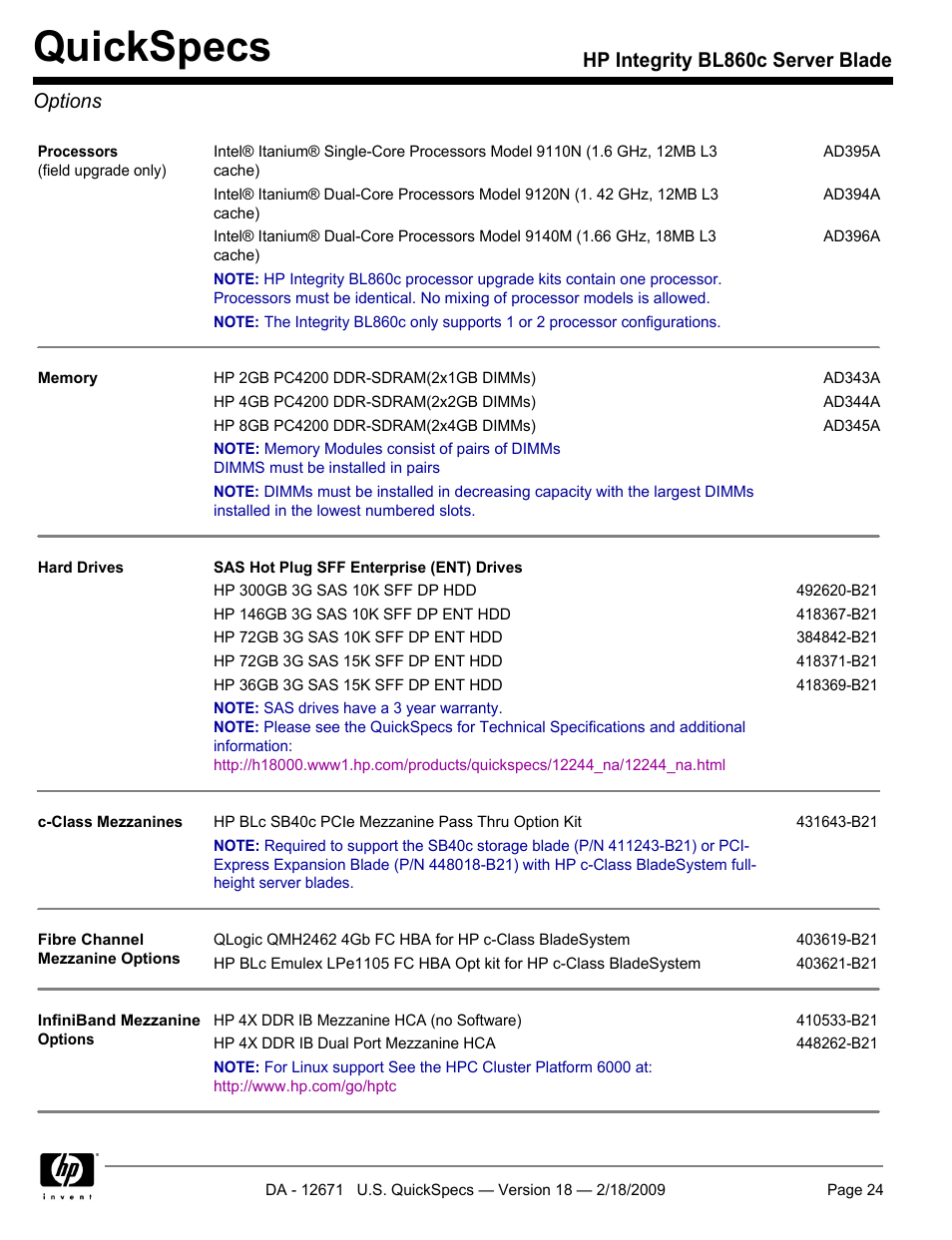 Options, Quickspecs, Hp integrity bl860c server blade options | HP Integrity server blade BL860c User Manual | Page 24 / 31
