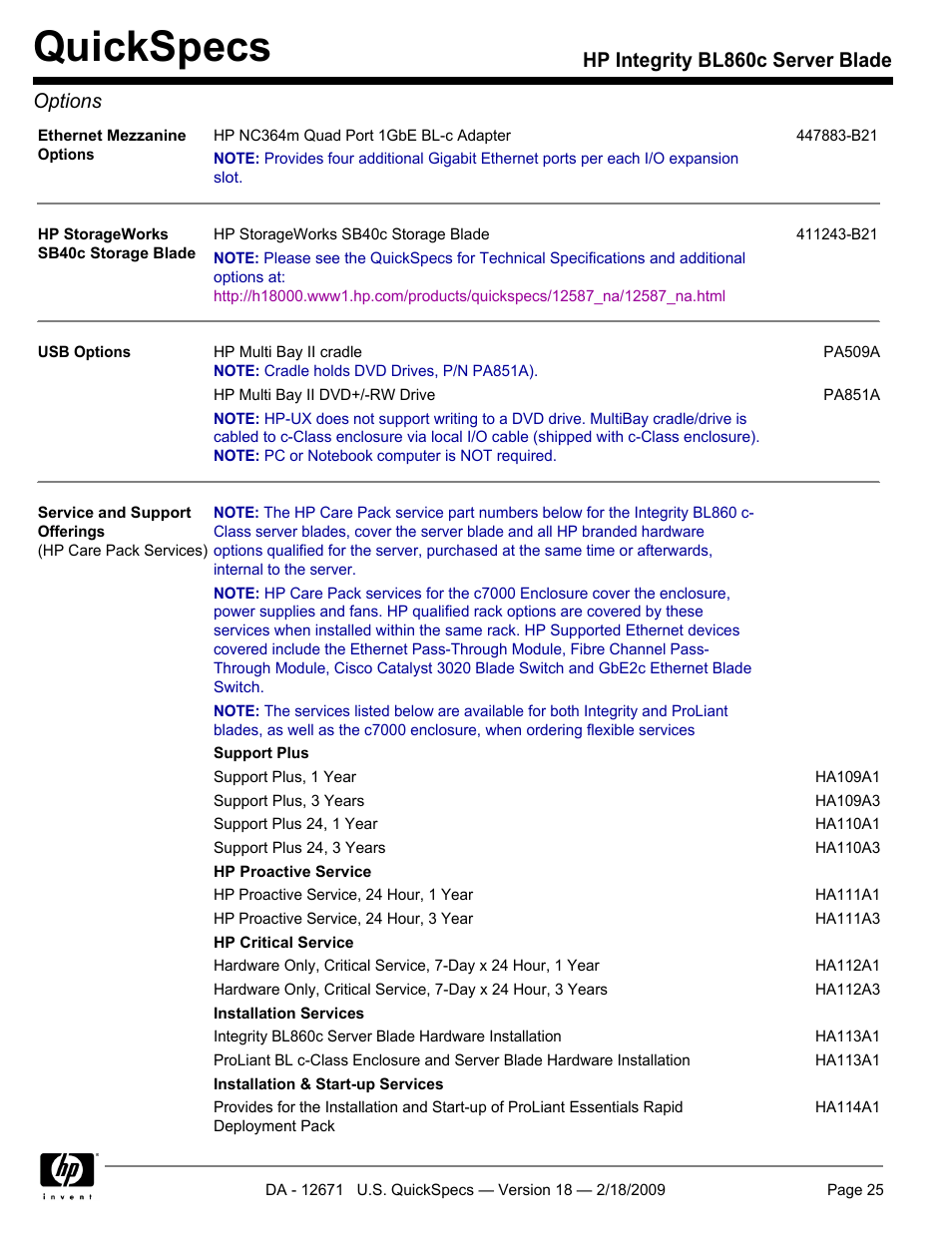 Quickspecs, Hp integrity bl860c server blade options | HP Integrity server blade BL860c User Manual | Page 25 / 31