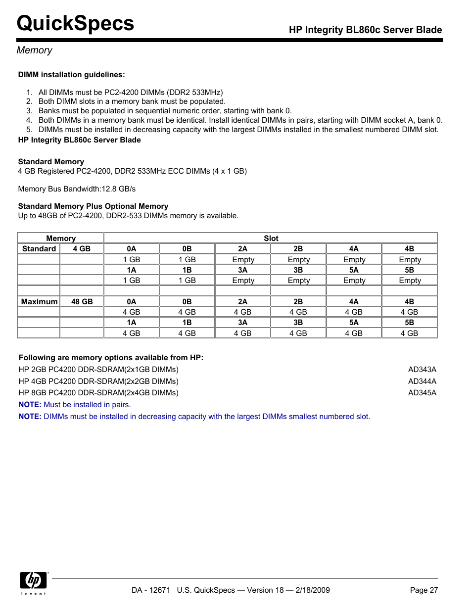 Memory, Quickspecs | HP Integrity server blade BL860c User Manual | Page 27 / 31