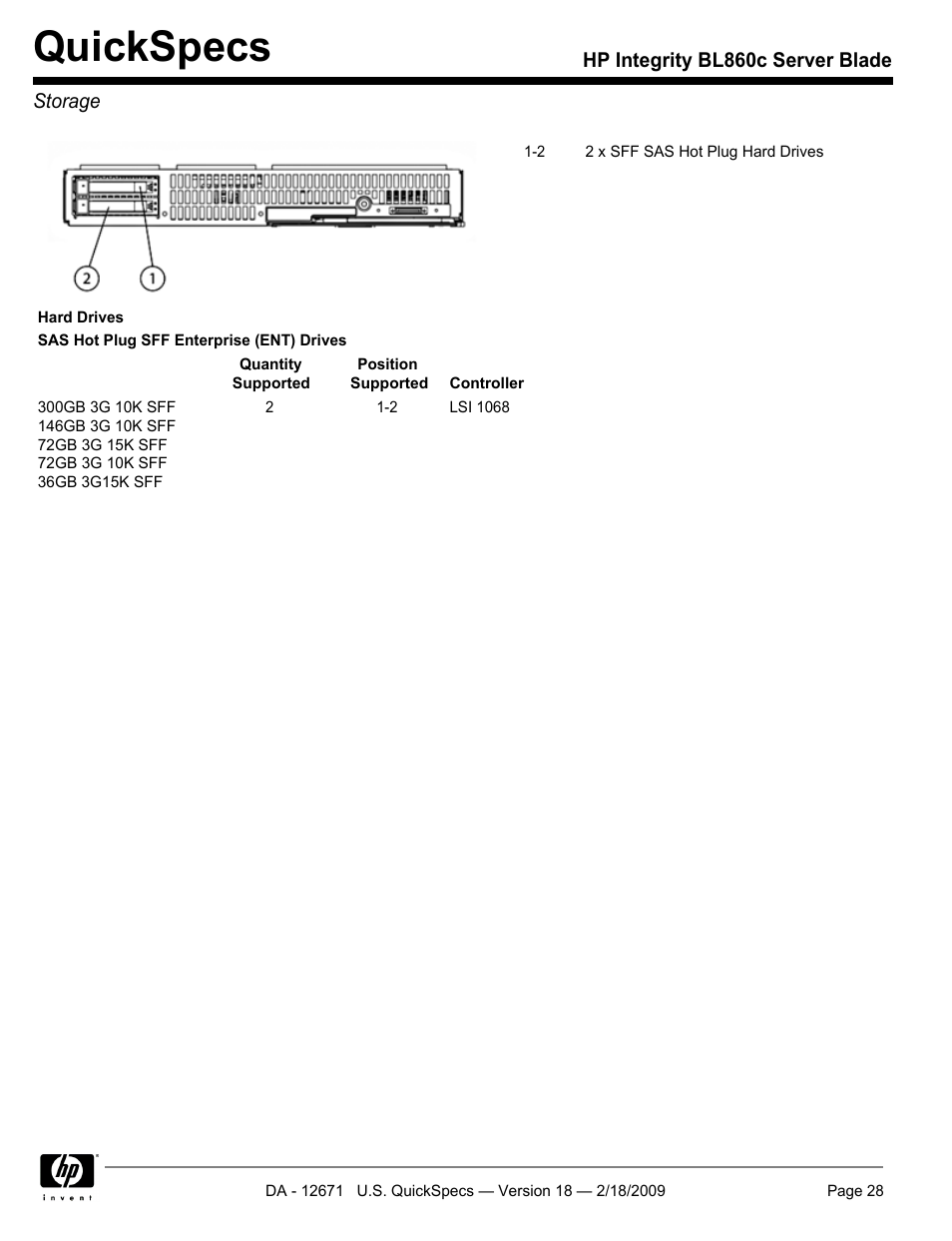 Storage, Quickspecs | HP Integrity server blade BL860c User Manual | Page 28 / 31
