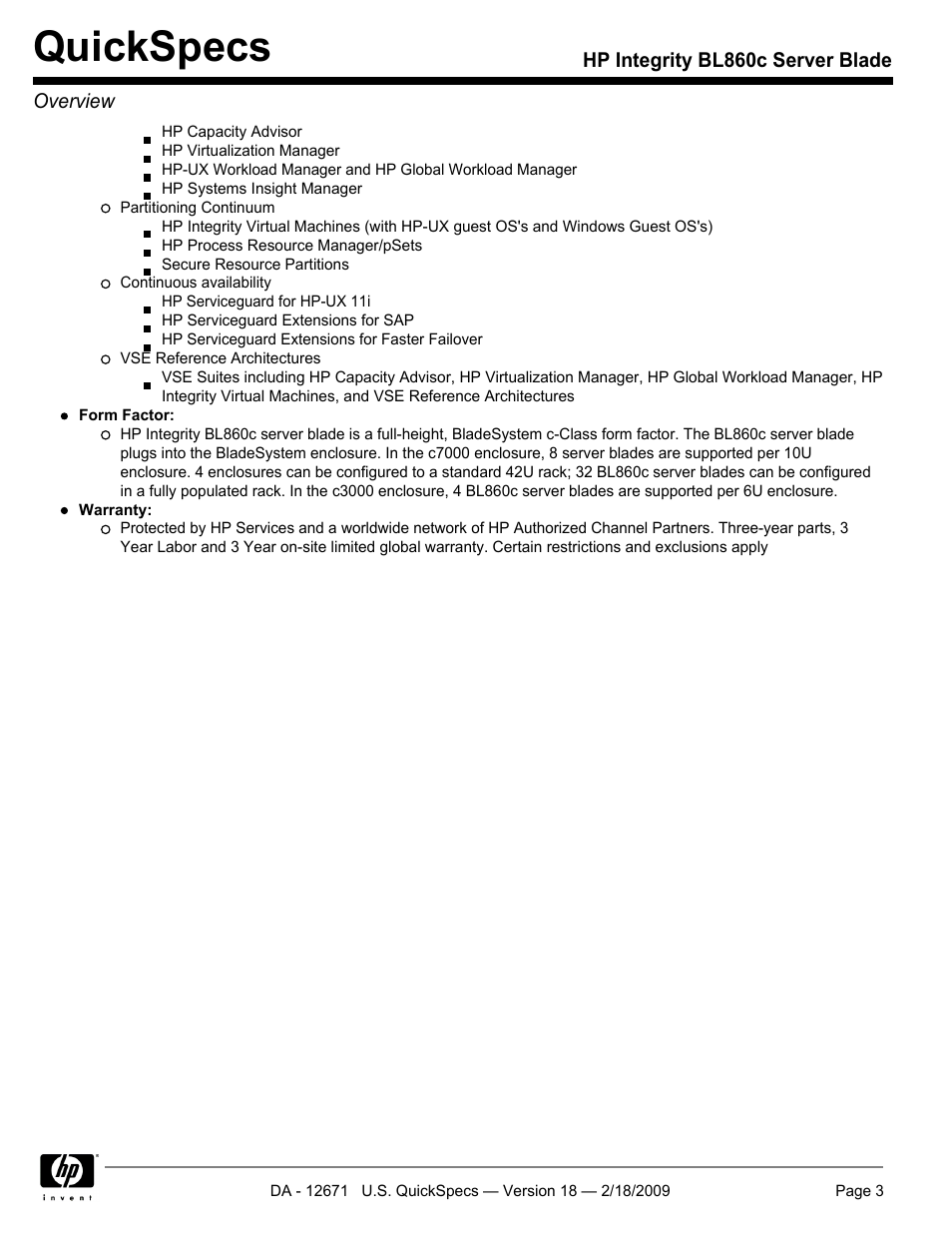 Quickspecs | HP Integrity server blade BL860c User Manual | Page 3 / 31