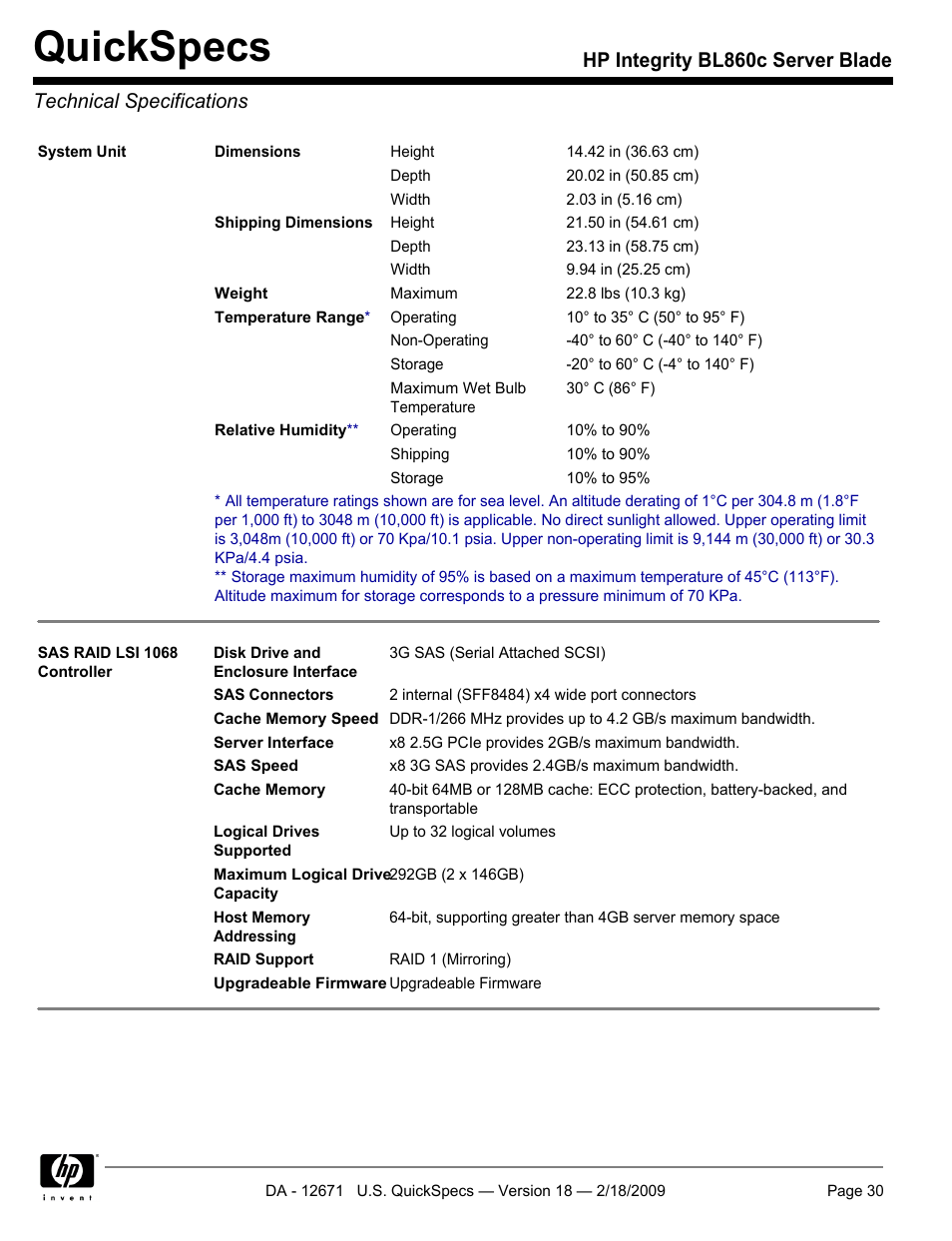 Technical specifications, Quickspecs | HP Integrity server blade BL860c User Manual | Page 30 / 31