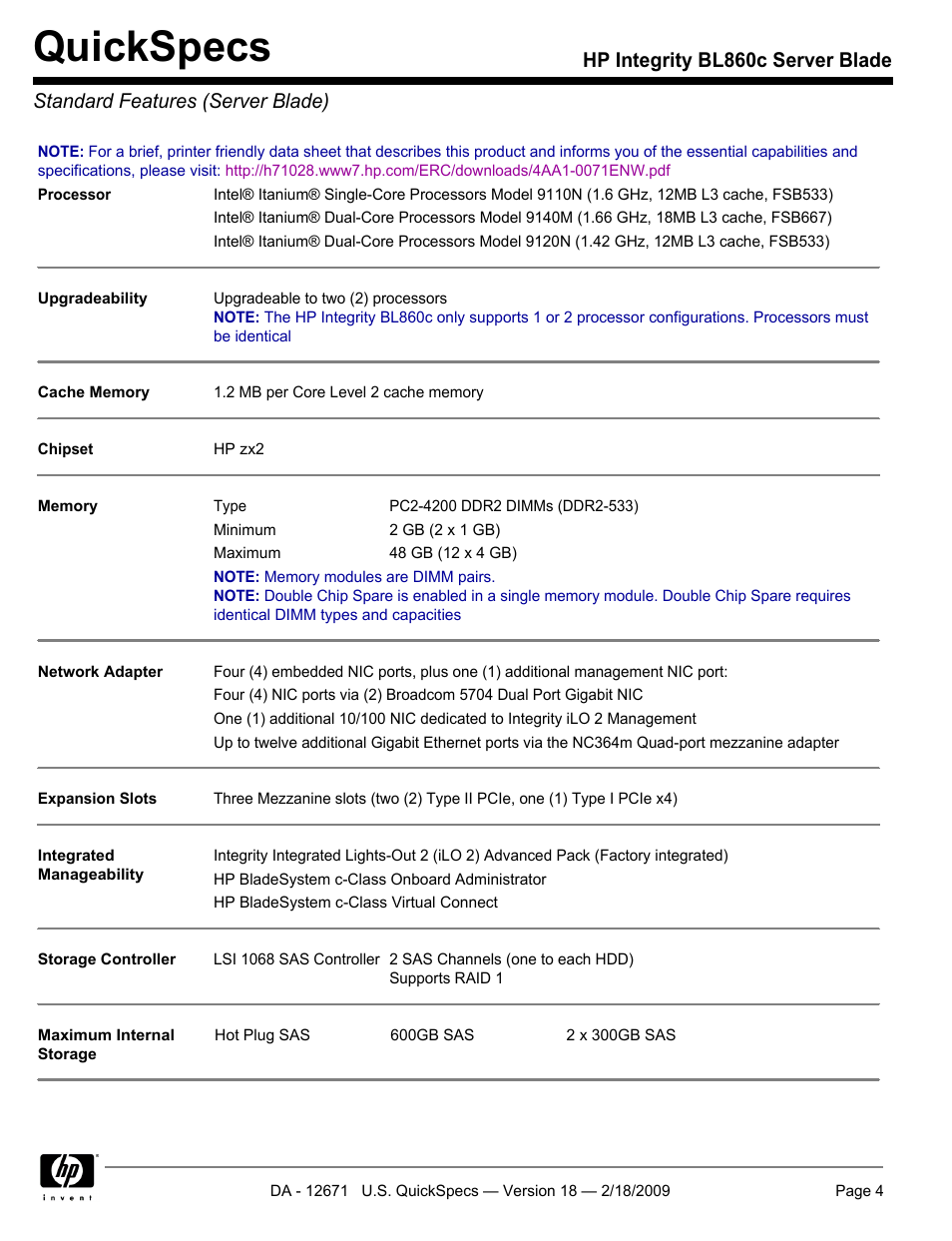 Standard features (server blade), Quickspecs | HP Integrity server blade BL860c User Manual | Page 4 / 31