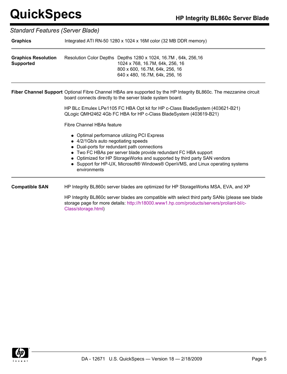 Quickspecs | HP Integrity server blade BL860c User Manual | Page 5 / 31