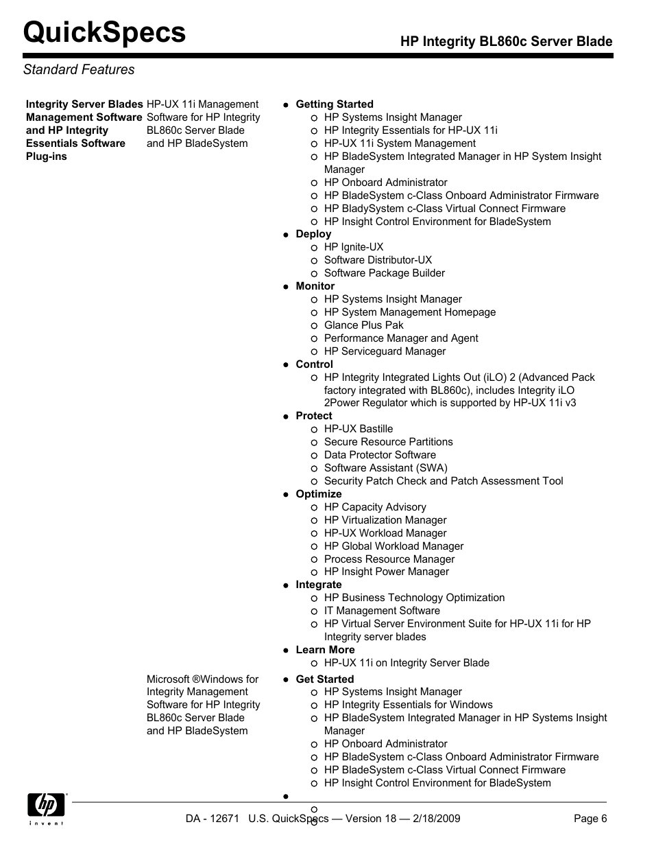 Standard features, Quickspecs, Hp integrity bl860c server blade standard features | HP Integrity server blade BL860c User Manual | Page 6 / 31