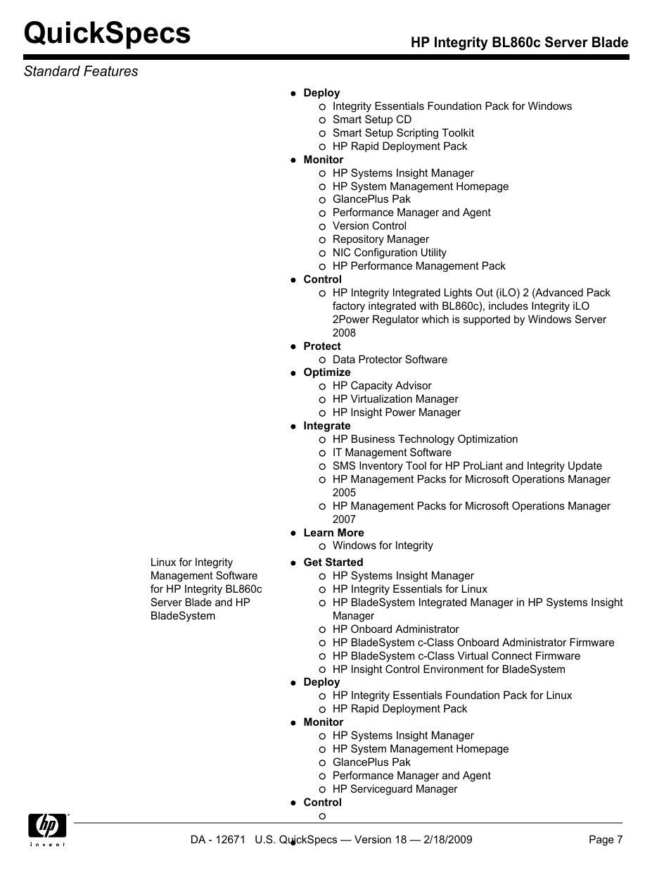 Quickspecs, Hp integrity bl860c server blade standard features | HP Integrity server blade BL860c User Manual | Page 7 / 31