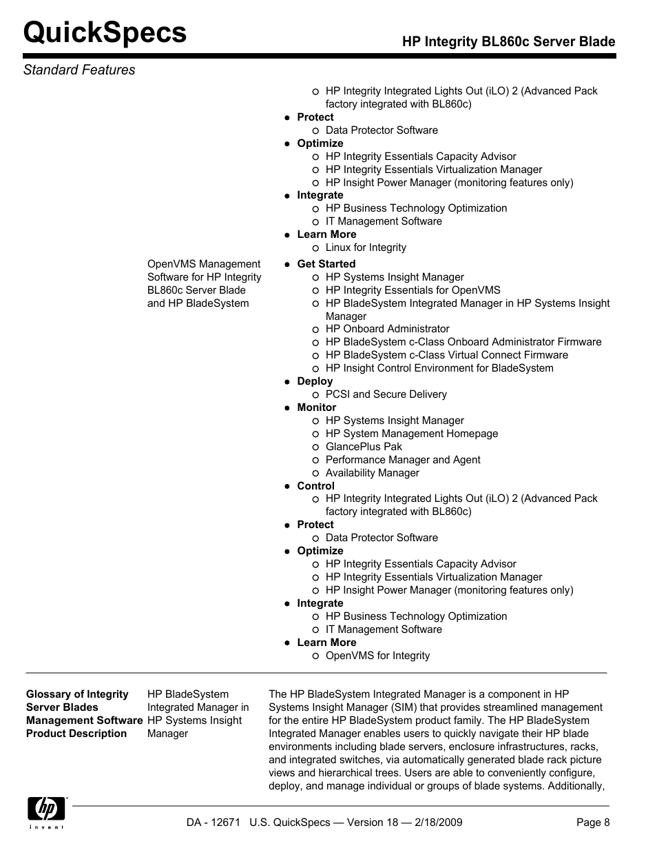 Quickspecs, Hp integrity bl860c server blade standard features | HP Integrity server blade BL860c User Manual | Page 8 / 31