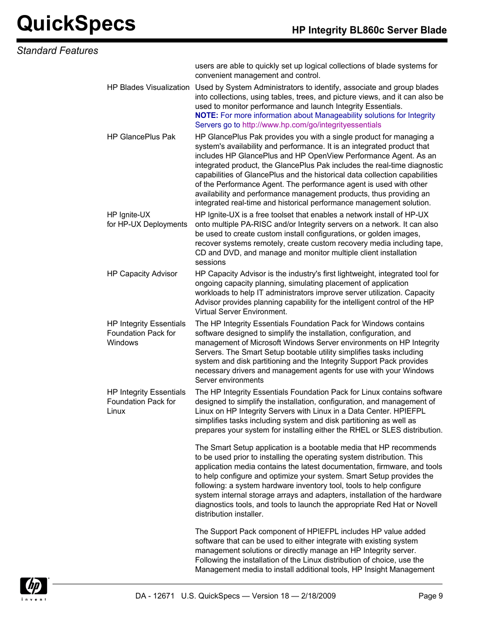 Quickspecs | HP Integrity server blade BL860c User Manual | Page 9 / 31
