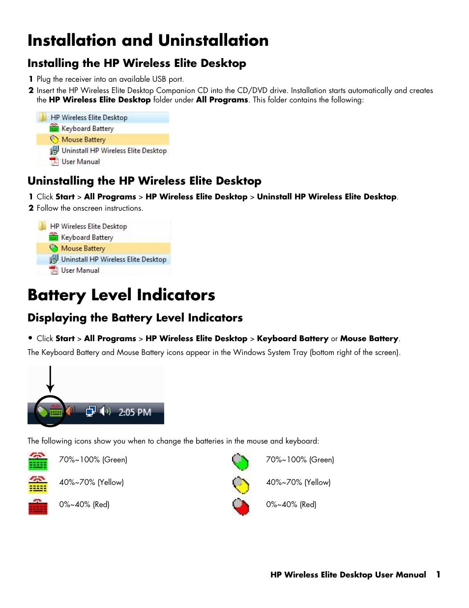 Installation and uninstallation, Battery level indicators, Installing the hp wireless elite desktop | Uninstalling the hp wireless elite desktop, Displaying the battery level indicators | HP 510678-001 User Manual | Page 3 / 4